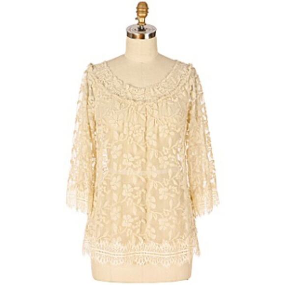 Anthropologie Poleci Ivory Embroidered Tulle Lace Boho Peasant Blouse Top - Picture 1 of 11